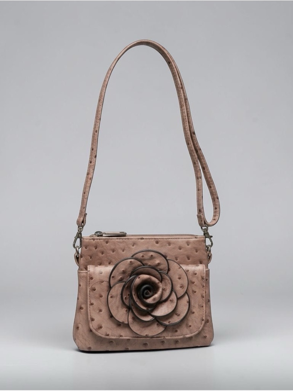 Small Brown Rose Purse Crossbody 3 Pocket Adjustable Bag EUC